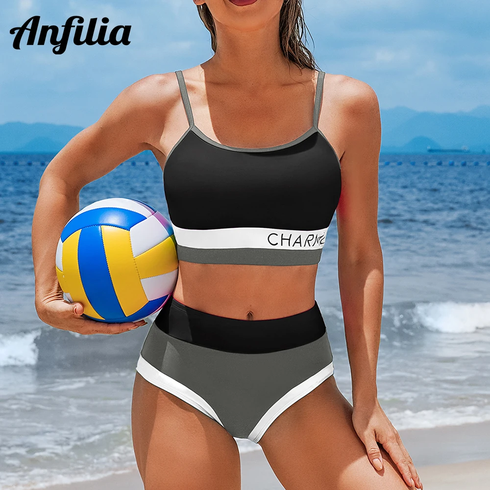 Anfilia Women Sporty Casual Crop Bikini Set Logo Print Two Piece Set Color Block Swimsuit Bathing Suit Swimwear