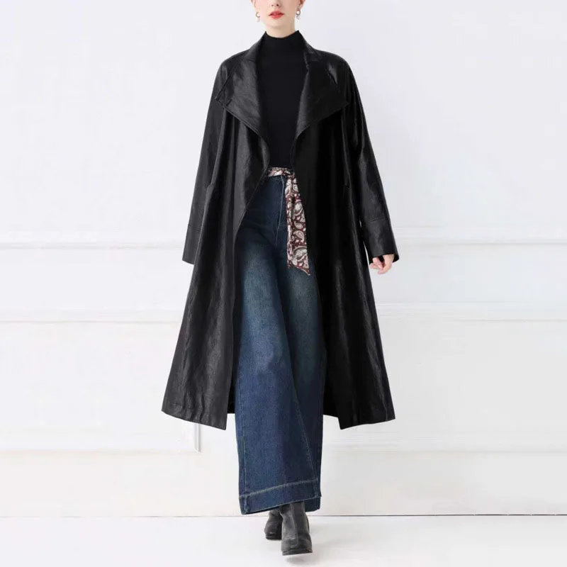 Hksh primavera outono novo casaco longo feminino couro do plutônio turn-down colarinho cor sólida bolsos cinto elegante jaqueta chique hk14049