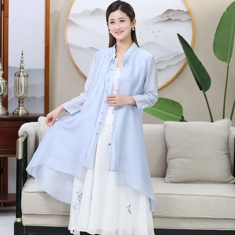 

Effortless Aesthetic Women Linen Loose Layered Shirts Pink Green Blue Fake 2 PCS Tops Mandarin Collar Single Breated Outerwear