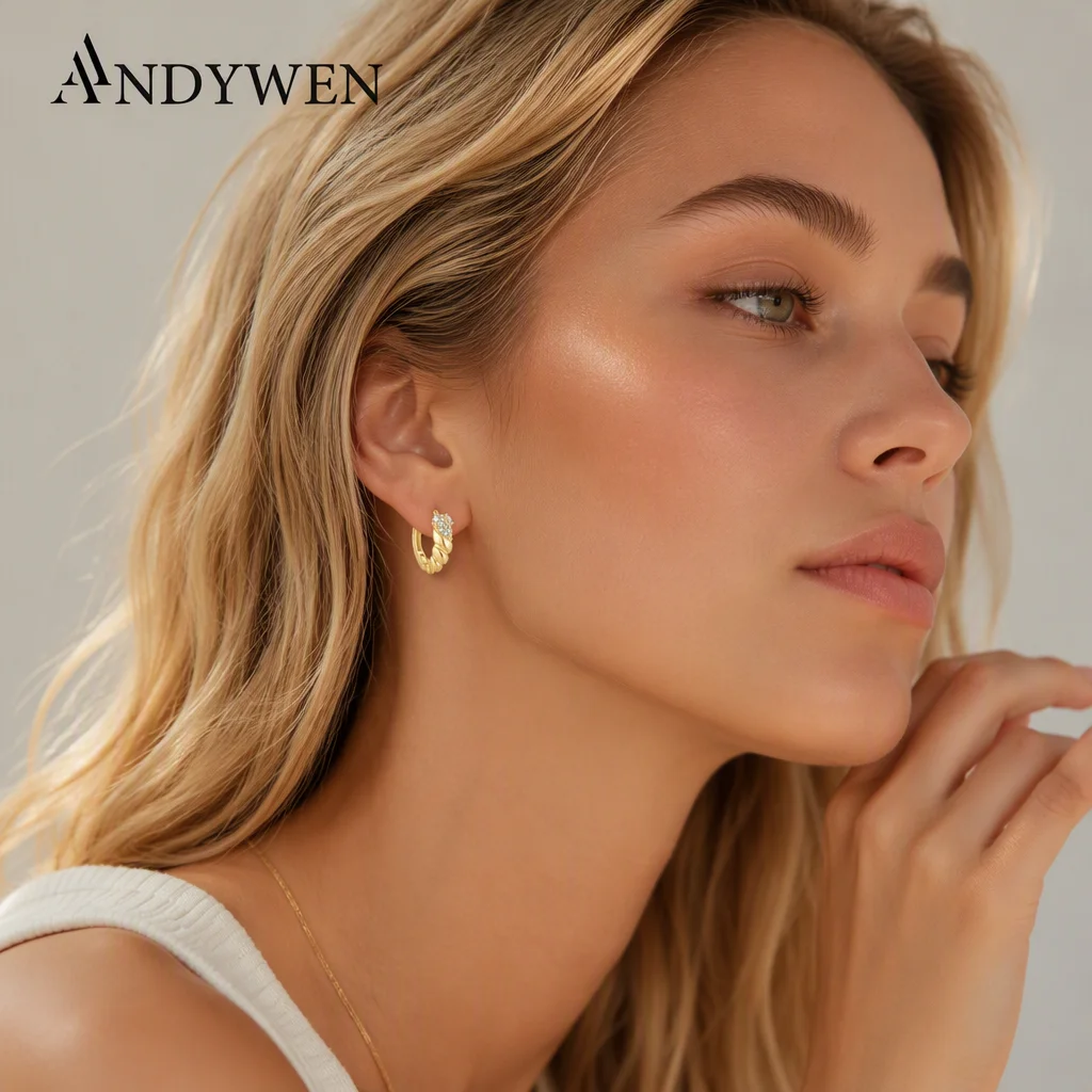 ANDYWEN 925 Sterling Silver Spiral Hoop Earrings with Zircon CZ Thick Vintage Luxury Wedding Anniversary Jewelry Gift