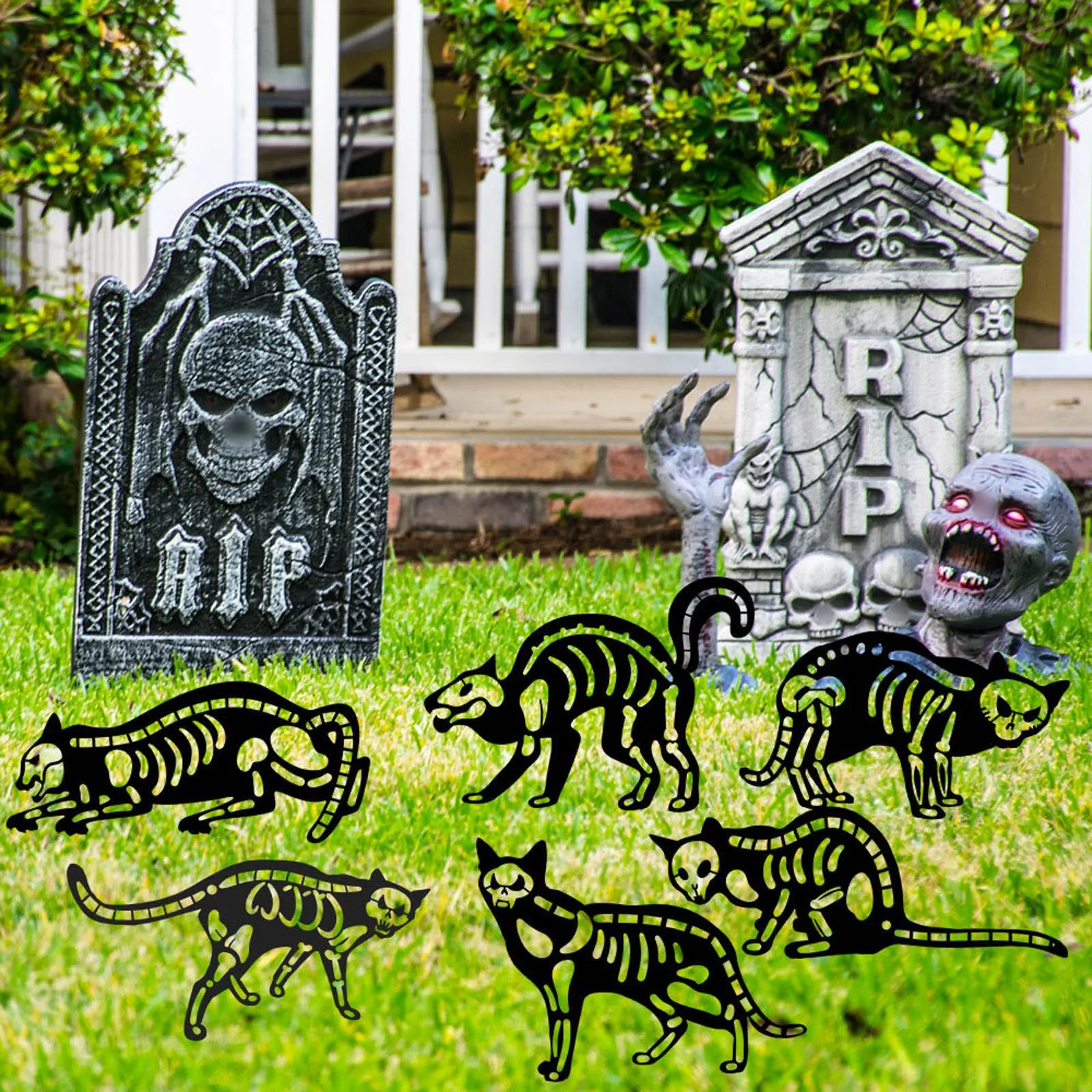 

Halloween Skeleton Skeleton Cat Metal Iron Insert Sign Garden Decoration Halloween Outdoor Garden Decoration Supplies