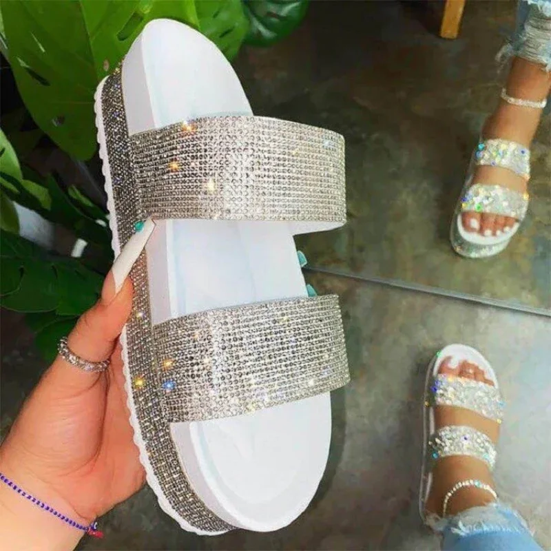 Rhinestone Women\'s Slippers 2024 Summer Platform Sandals Outdoor Beach Bling Shoes for Women Comfort Open Toe босоножки женские