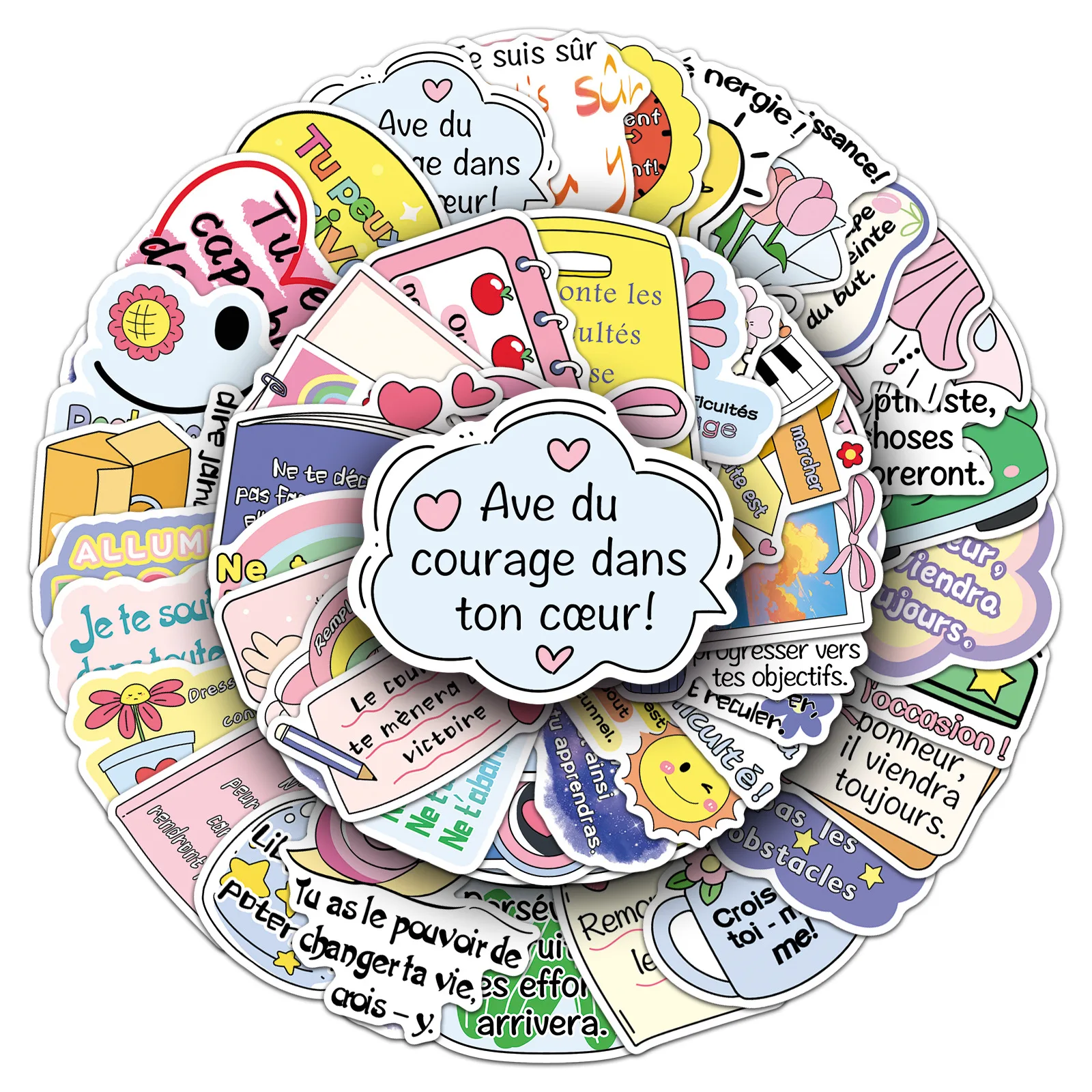 50 Uds. De pegatinas de grafiti inspiradoras francesas, frase de frase de energía positiva, decoración decorativa impermeable para cuaderno con taza de agua