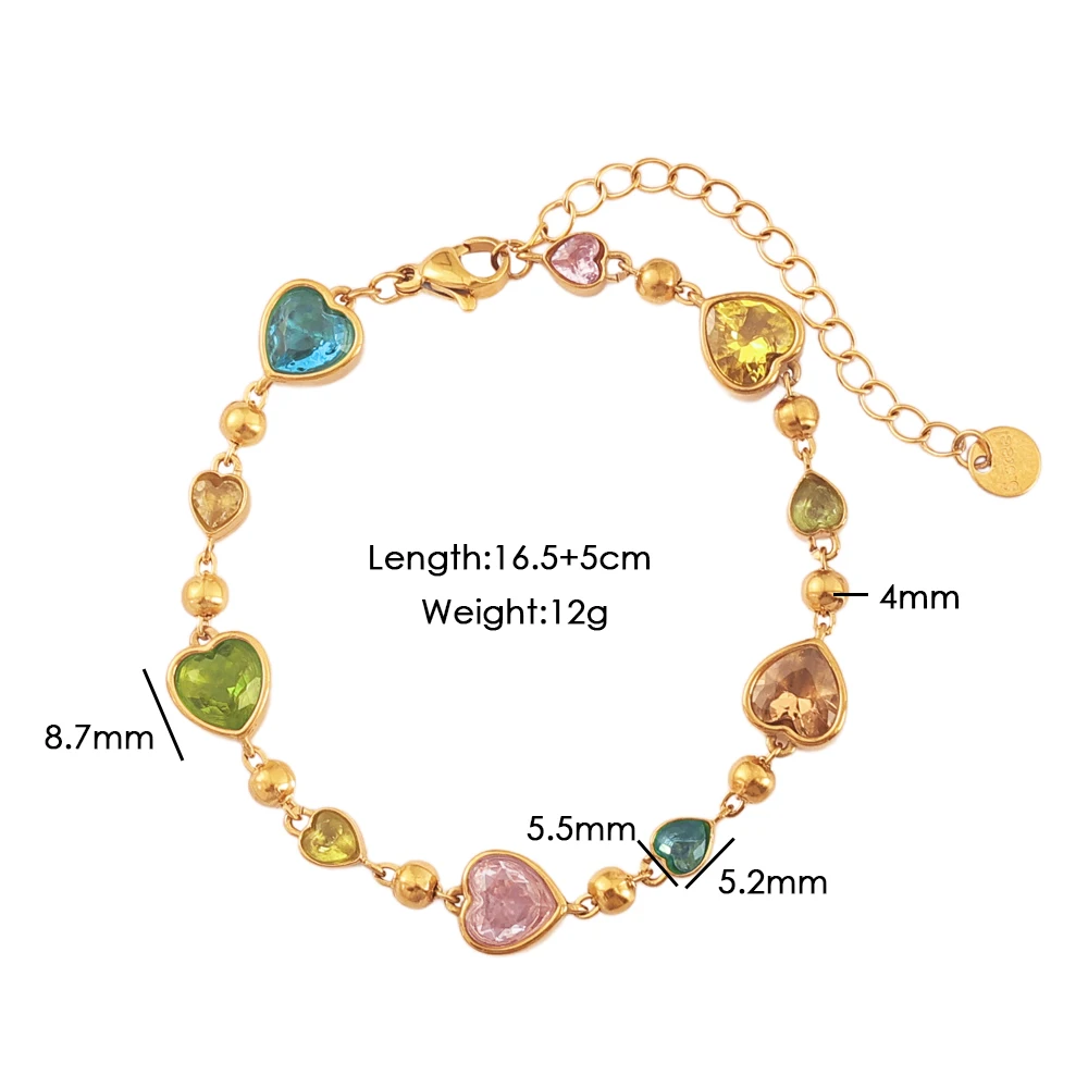 Exquisites Regenbogen-Herz-Kristallarmband für Damen, Edelstahl PVD 18K vergoldet, lichtbeständig, beliebtes Schmuckzubehör – Detail 9