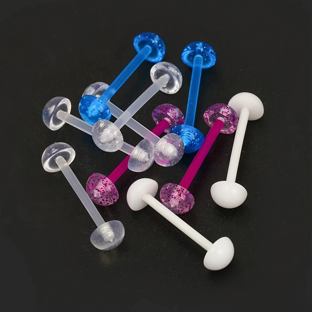 5pcs/10pcs Acrylic Tongue Rings 14G Flexible Glitter Half Ball Tongue Barbell Retainer Body Piercing Jewelry Bar Length 16mm