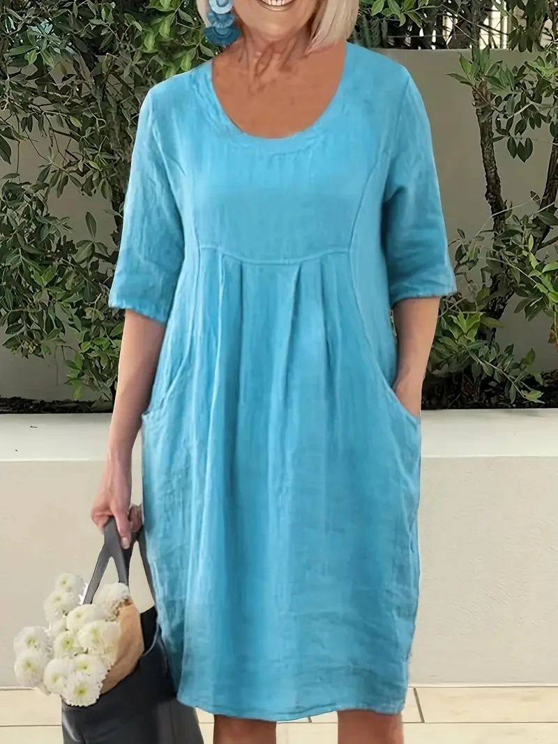 Cotton Leprosy Five-Sleeved Plain Colored Casual Dress