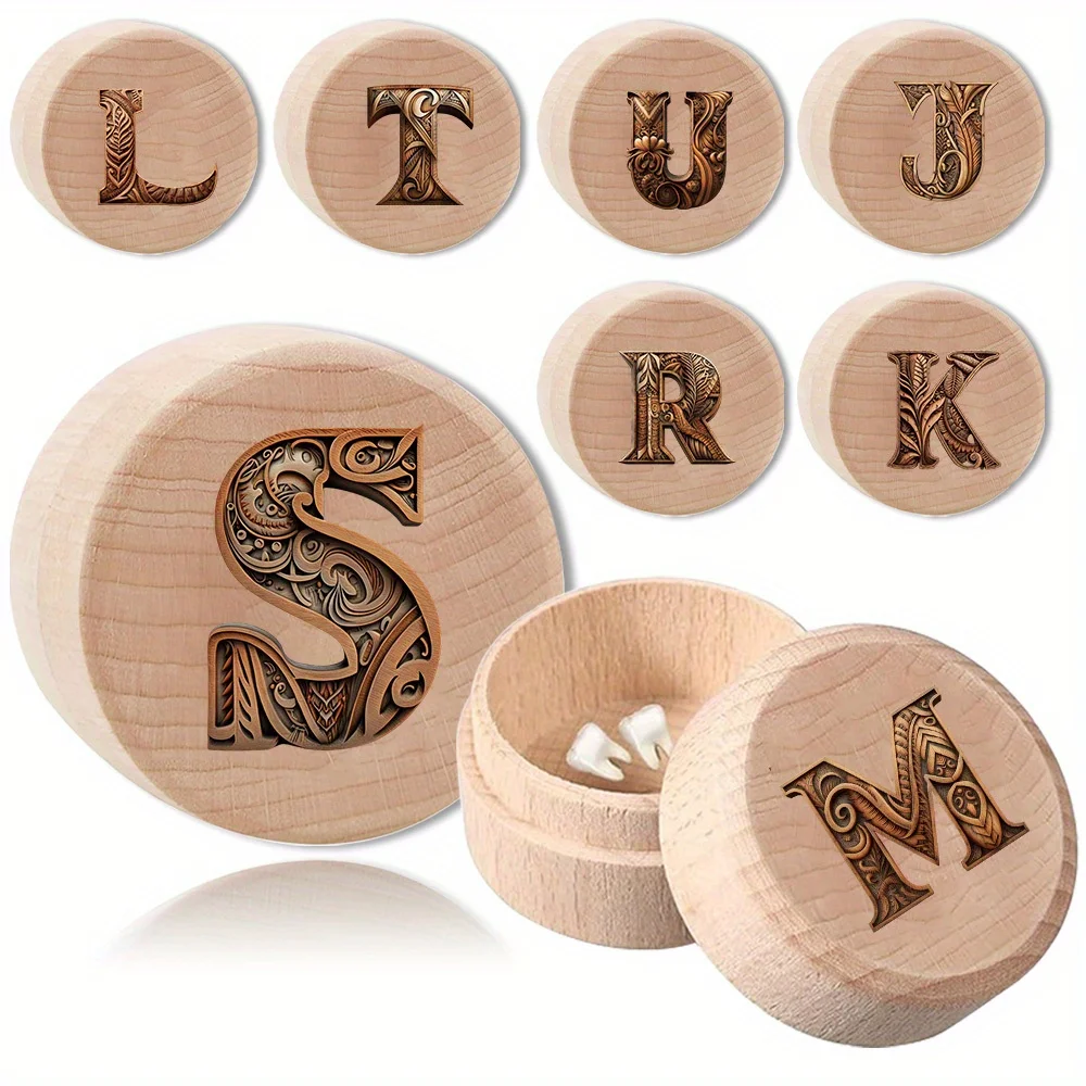 

Lost Tooth Storage Box Wooden Tooth Organizer Case Umbilical Cord Holder Keepsake Memory Container Wood Art Letter Pattern