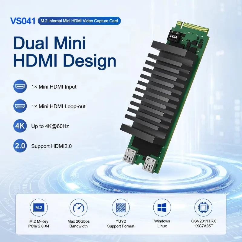 M.2 M-Key PCIe 2.0 X4 Capture Card 4K60 Mini HDMI Input & Loopout YUY2 Single/Dual/Triple Mode Internal PC Capture Card