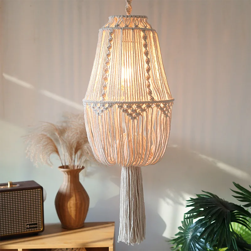 Handwoven Tassel Lamp Shade Bohemian Macrame Cotton Rope Pendant Lamp Shade Nordic Rustic Home Decor Lighting Cover