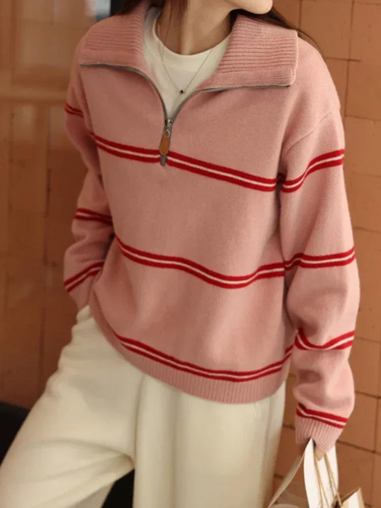 

Zipper Striped Pink Sweater Retro Contrast Fashion Autumn/Winter Sweaters for Women LOOSE Grey Long Sleeve Knit Pullovers