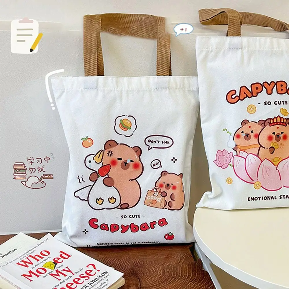 Kawaii Print Anime Cartoon Capybara Handbag Large-capacity Reusable Canvas Bag Durable Wear-resistant Tutorial Bag Tablet