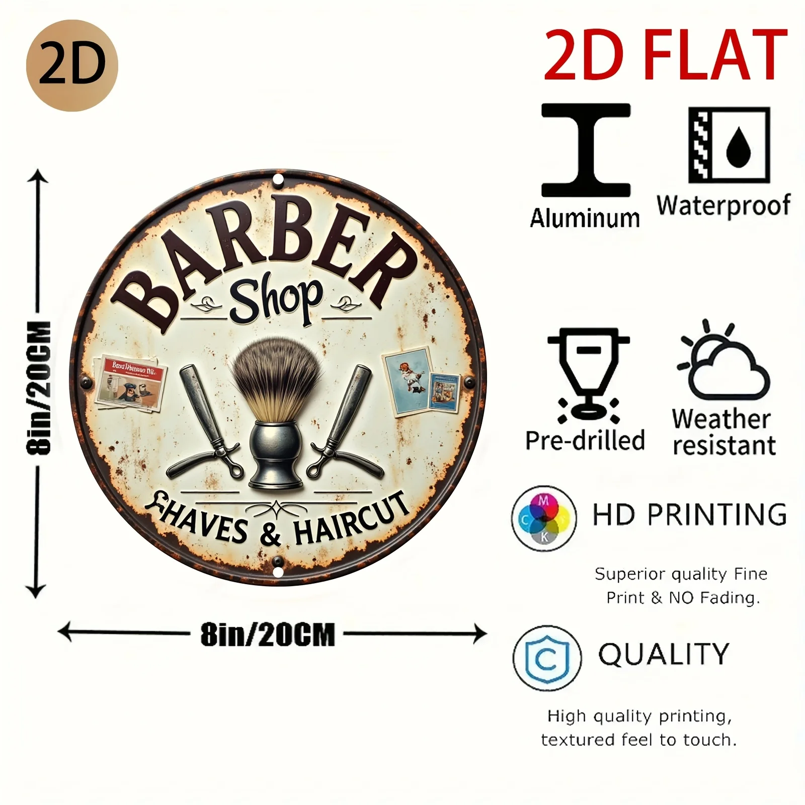 HD Aluminum Metal Sign, Barber Shop Shaves & Haircut Round Wall Decor, Retro Vintage Distressed Razor Brush Design Tin Poster fo