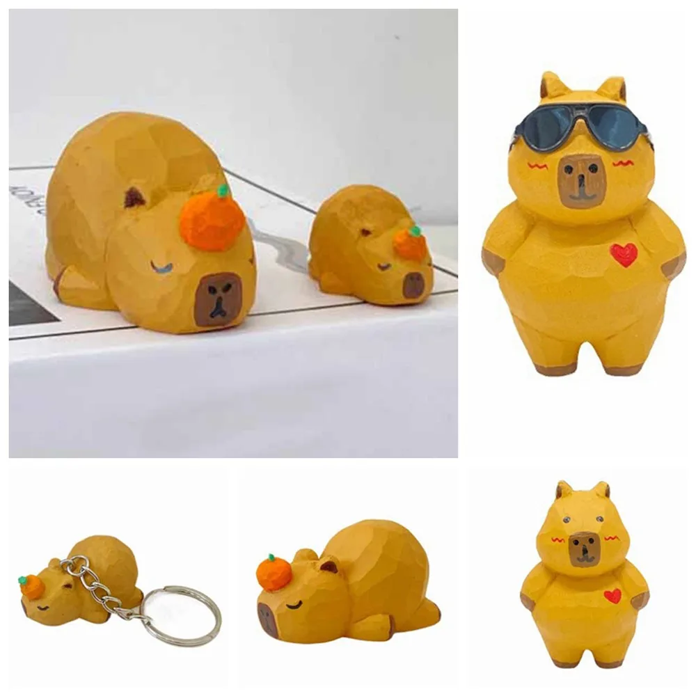 Keychain Carving Capybara Ornament Crafts Figure Capybara Animals Ornament Doll Cartoon Simulation Capybara Model Car Interior