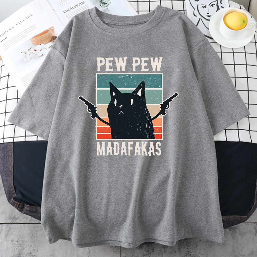 Pew Madafakas Black Cat Print Male Cotton T-Shirts Vintage Creativity Short Sleeve Casual Oversize O-Neck Tops Mens Tee Clothing