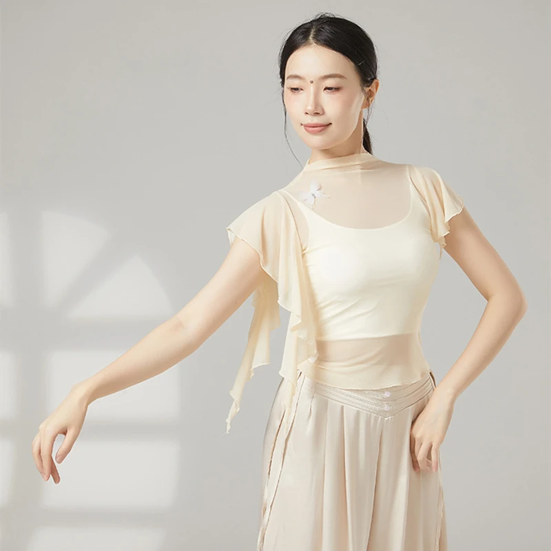 クラシックダンスウェア女性トップ半袖シャツガーゼメッシュハーフハイネック夏流れるステージ練習トップスパフォーマンス衣装