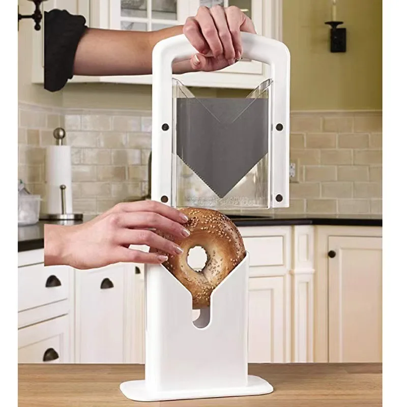 Reusable Stainless Steel Kitchen Guillotine Cutter Safe Grip Safety Shield Breads Muffins Buns Rolls-Fast Easy Safe Bagel Slicer