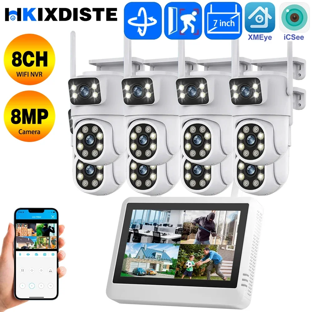

Wireless 8MP WIFI IP Dual Lens Camera 8CH NVR Kit Home Security System Surveillance Video Recorder 7 inch LCD Monitor ICsee App