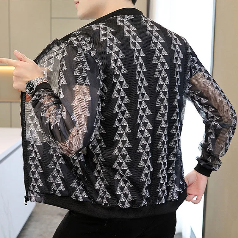 Spring Summer Round Neck Fashion Long Sleeve Jacket Man High Street Zipper Patchwork Cardigan Thin Style Printing All-match Tops