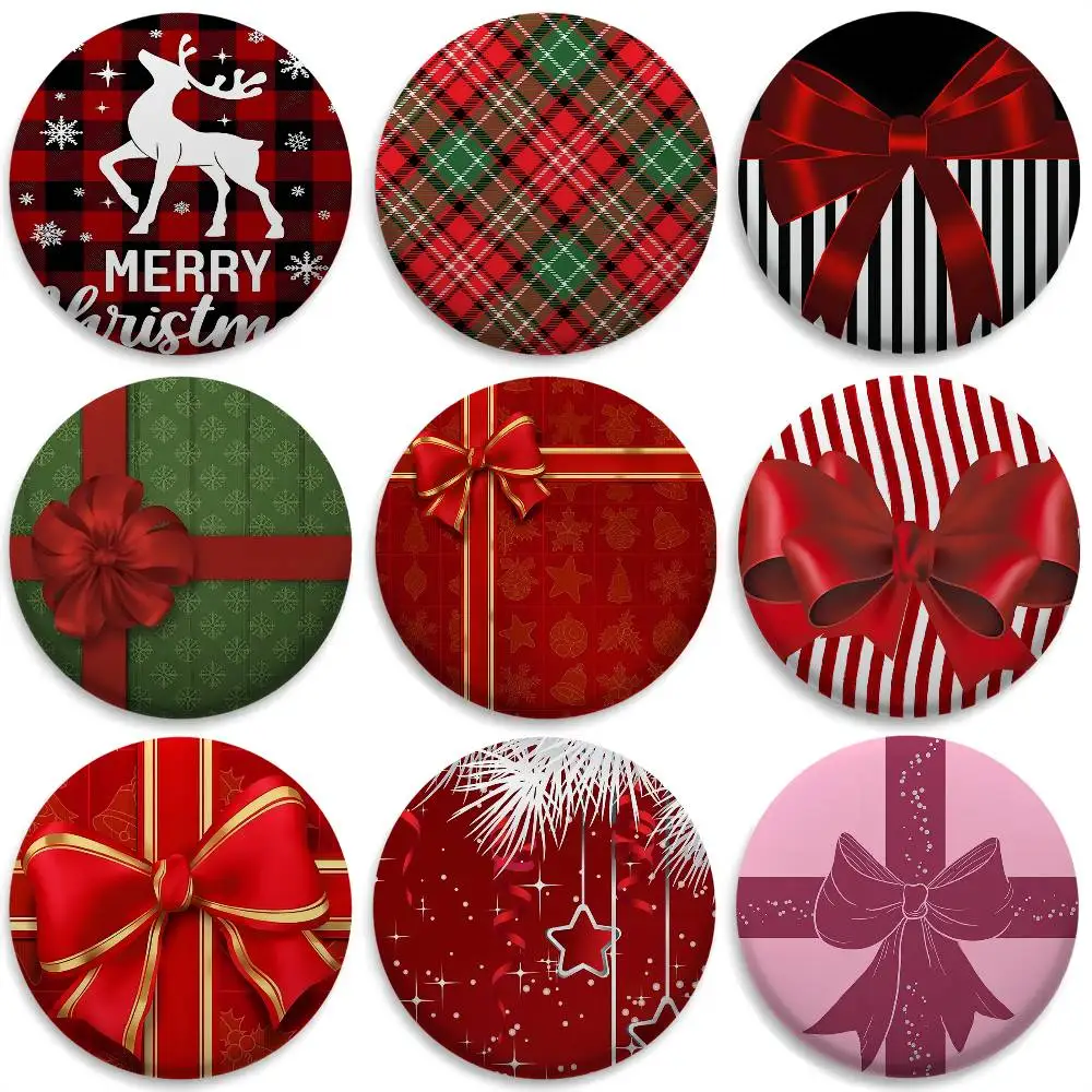 

Christmas Gift Box Bow Badges Round Exquisite Badge Brooches Creative Pins For Clothes Hat Backpack Gift Accessories