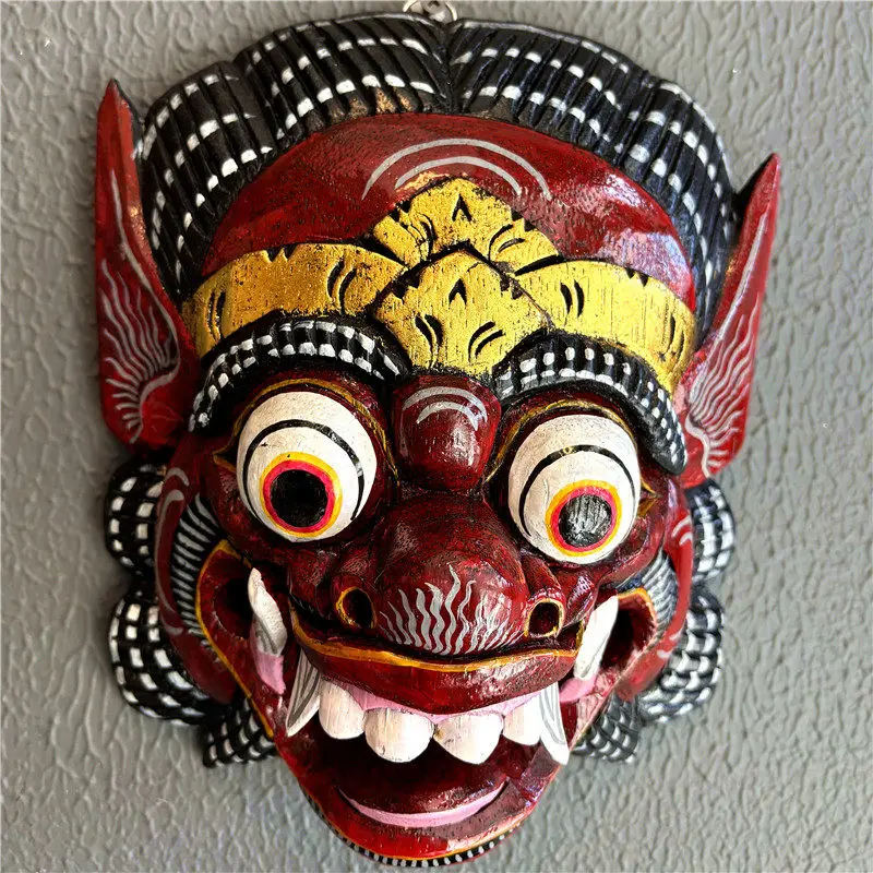Bali Style Wooden Mask Wall Decor, Hand Carved Hanging Ornament for Hotel, Rustic Bar Art Plaque, Exotic Home Wall Hanging