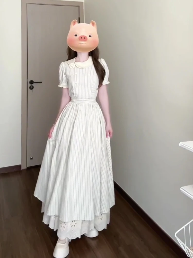

Keni plus Size Vintage Striped Dress Women's Summer Slimming Long Dress Gentle Waist Cinching A-Line Korean Style Dress