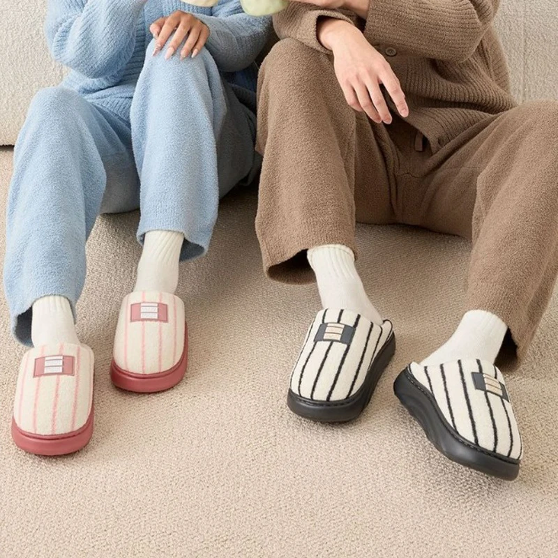 

Home Slipper Striped Women Fuzzy Fur Plush Indoor Lazy Female Thermal Winter Warm House Shoe Platform Furry Flat Flip Flop
