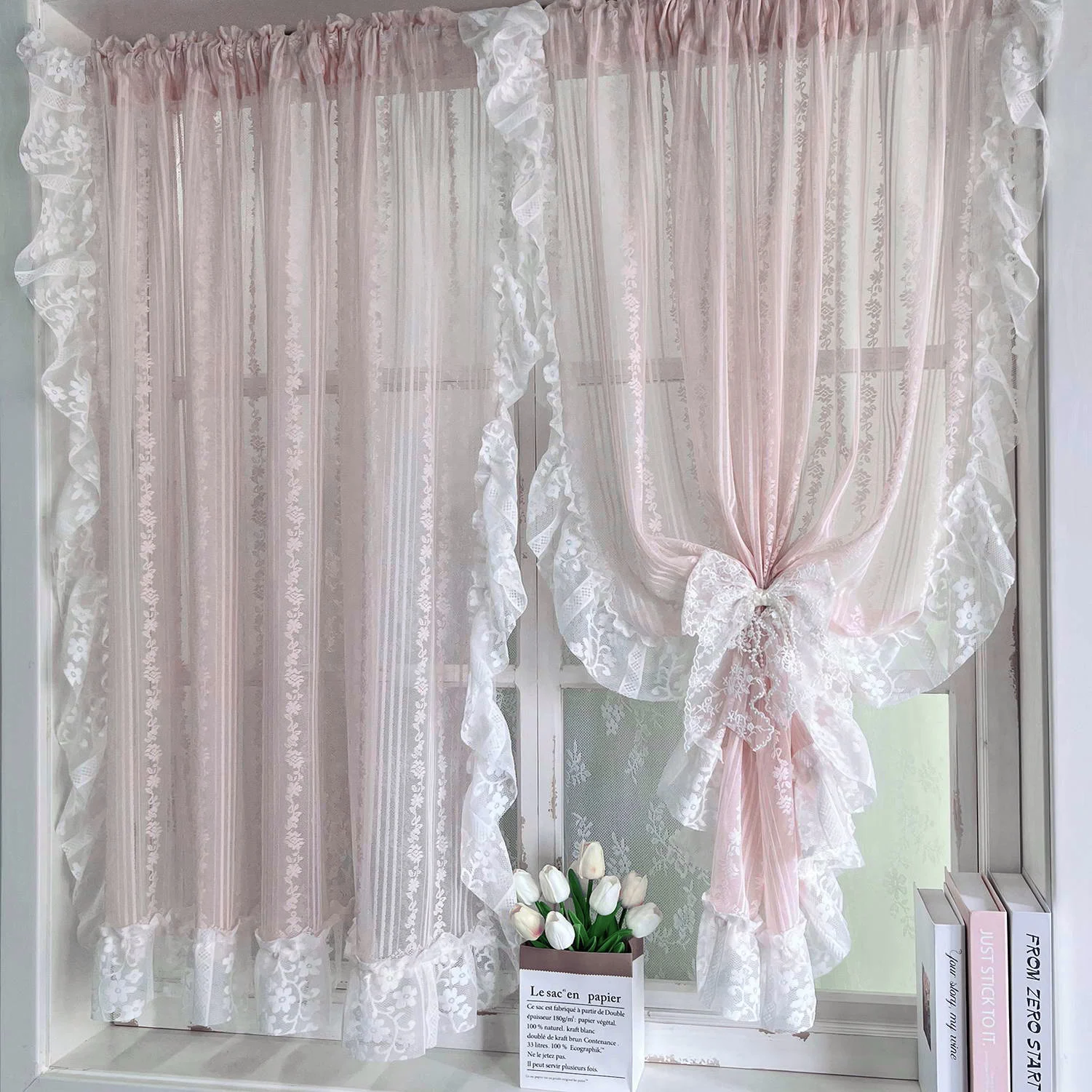 Romantic Ruffles Lace Barry Curtains Pastoral Floral Sheer Curtains for Cafe, Girls Room, Bedroom Decoration