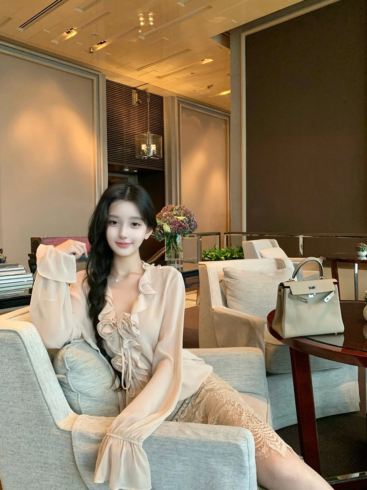 

Ele Long Sve Women's Top Hotdog Pink Chiffon irt Autumn Winter Faion Classy Lace irt Fem Ele Sle