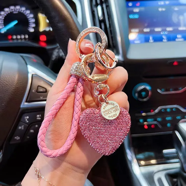 NEW Creative Ceramic Clay Full Diamond Love Key Chain Leather Rope Sticking Water Diamond Car Key Pendant Simple