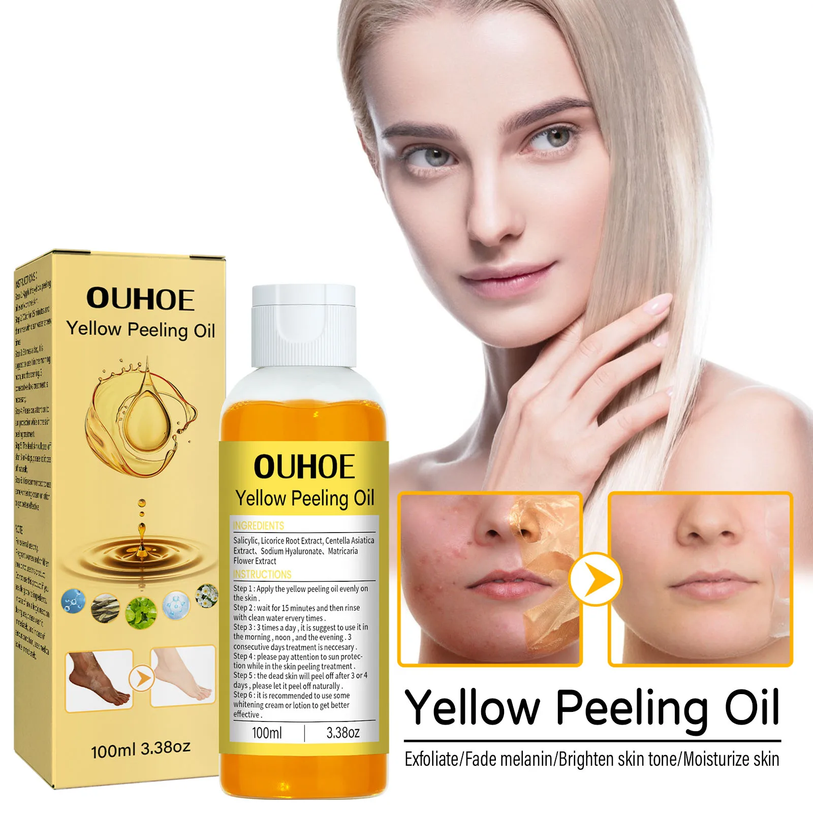 

100ml Body Care Exfoliating Yellow Peeling Oil 100% Organic Bleaching Dark Skin Serum Dark Knuckles Fast Whitening Cosmetics