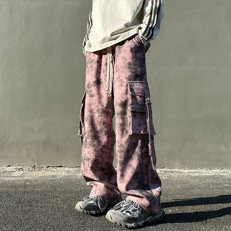 

Corduroy Overalls Hip Hop Street Men's Pants Big Pockets Loose Straight Trousers Retro Tie Dye Wide Leg Pants