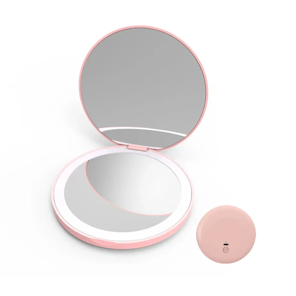 Reizen gepersonaliseerde kleine LED-licht cosmetische 2-zijdig opvouwbare make-up compacte zakspiegel dames lichtgevend effect minispiegel