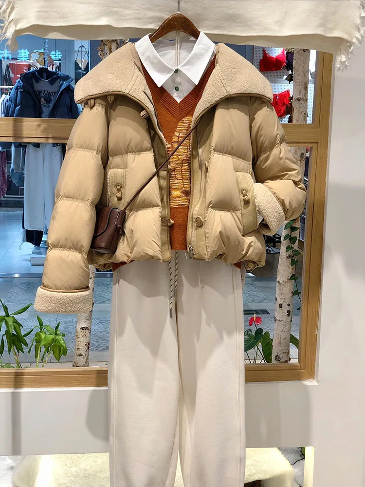 Único ort feminino para baixo jaet gola grande coreano sle casaco de inverno thiened branco du pena corte reto commute vento