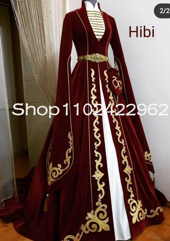 Burgundy Velvet Kaftan National Evening Occasion Dresses with Long Sleeve Cape Applique Two Pieces Algerian Caucasian Prom Gown