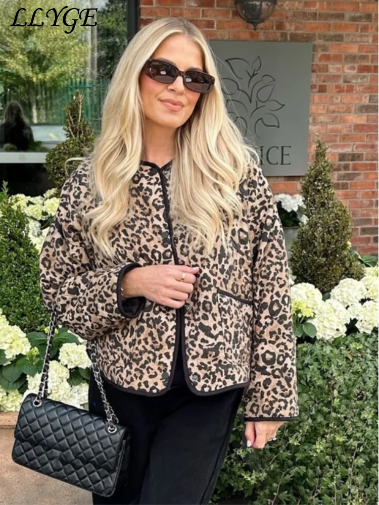 Casual Leopard Print Quilted Coat Women O-neck Single Breasted Long Sleeve Pocket Jacket 2024 Autumn Winter Lady Vintage Outwear