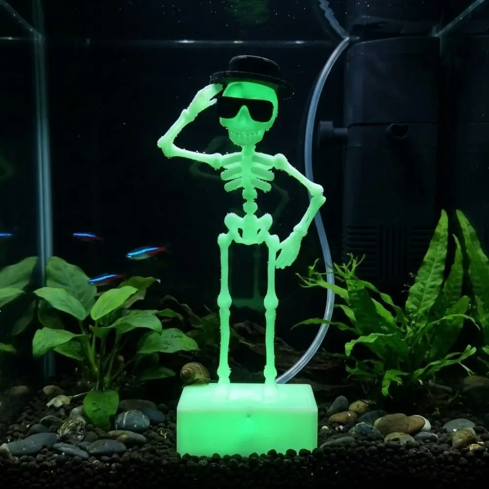 3D Printed Dancing Skeleton Aquarium Bubbler Plastic Wear Hat Sunglasses Dynamic Skeleton Bubbler Air Driven Gothic
