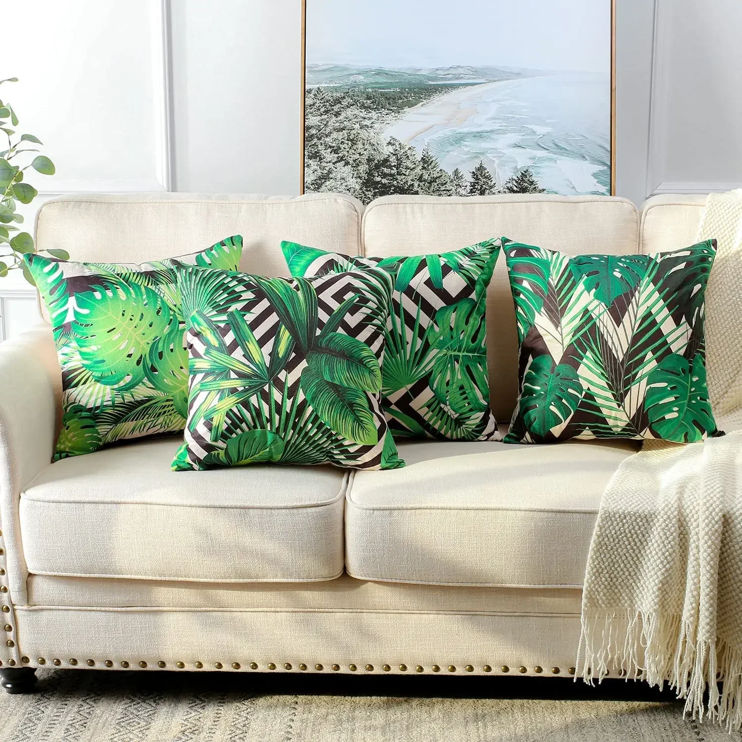 

Tropical Plant Green Leaf Linen Cushion Cover for Car Living Room Sofa Bedroom Home Decor, 40x40 45x45 50x50 60x60 Pillowcase