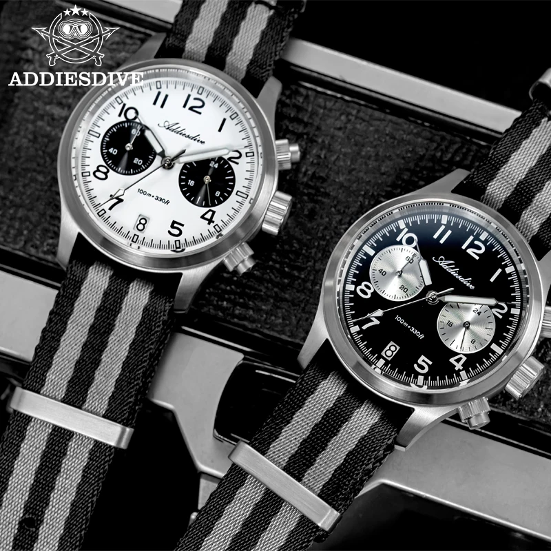 ADDIESDIVE Quartz Watches VK64 Chronograph Panda Dial Sapphire Glass Waterproof 100m BGW9 Luminous Luxury Men's Watch AD2538