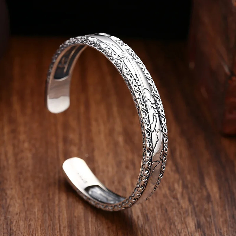 BOCAI New Real S925 Sterling Silver Charms Bracelets for Men Antique Star Starry Pattern Fashion Punk Bangle Fine Choice Jewelry