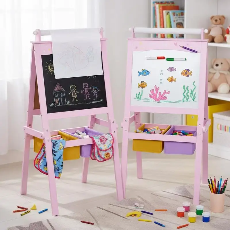 

Kids Easel 3 in 1 Wooden Art Easel with Paper Roll Double-Sided Chalkboard & Whiteboard with Storage Baskets for Toddler Girl