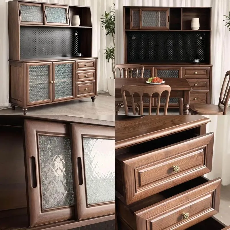 Vintage Solid Wood Walnut Dining Cabinet with Integrated Storage for Living Room Home Wine Display Furniture