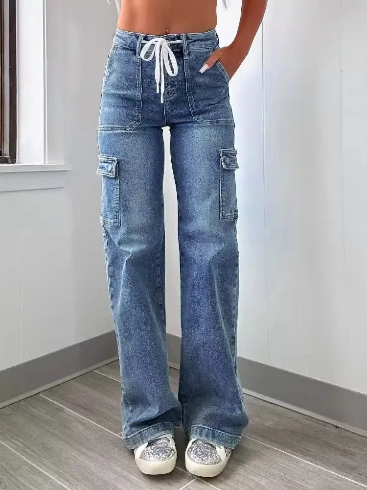 

Women's Personalized Street Denim Trousers Spring And Autumn New Casual Lacing Multi-pocket Functional Workwear Straight Jeans
