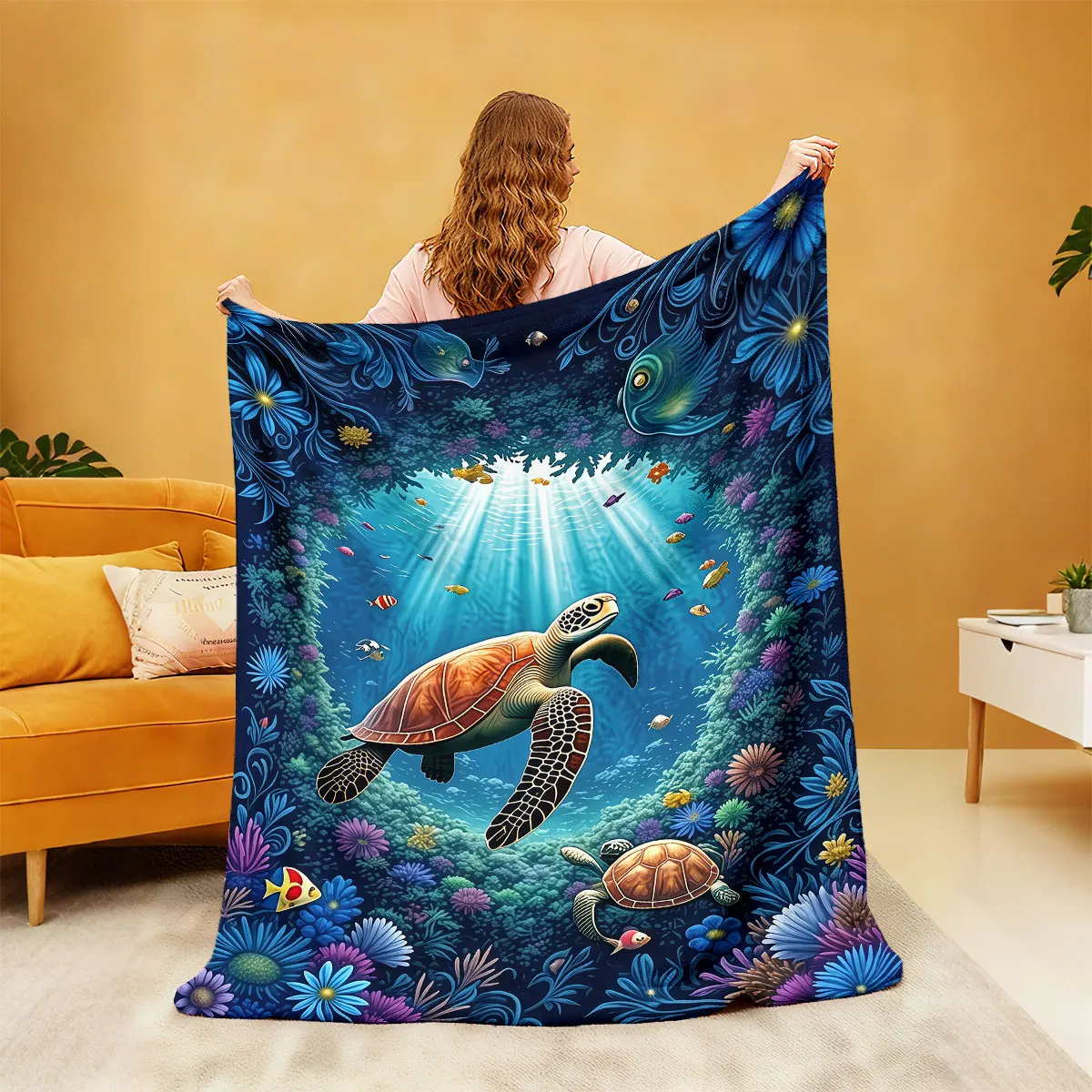 1pc Cartoon Marine Creature Printed Flannel Blanket Multiple Sizes Comfortable For Casual Use, Machine Washable Cover Blanket