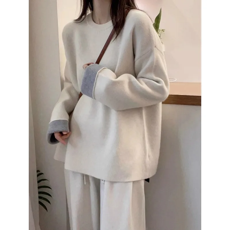 Women Color Block Cuff Knit Sweater Loose Drop Shoulder Crew Neck Pullover Casual Tops For Autumn Winter