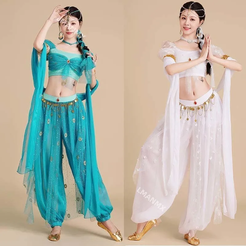 

2pcs bollywood caderin Belly dance arab Jasmine Princess Stage professional oriental arabic caderines sari indian dress clothes