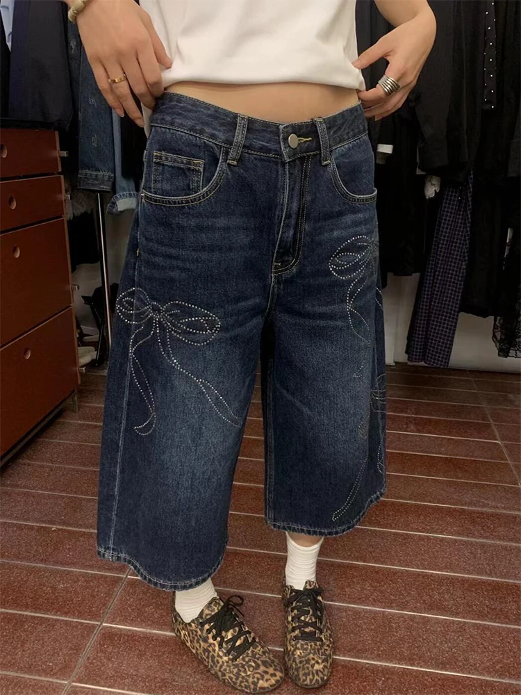 

Summer Women Rhinestone Japanese Abi Jorts Jean Y2K 2000s Aesthetic Capri Pants Japanese Harajuku Denim Vintage High Street