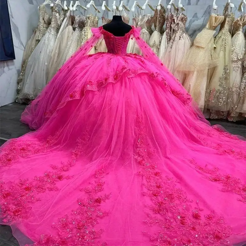 Rose Red Off The Shoulder Quinceanera Dresses Ball Gown Appliques Lace Beads Tull With Cape Sweet 16 Birthday Party Vestido De