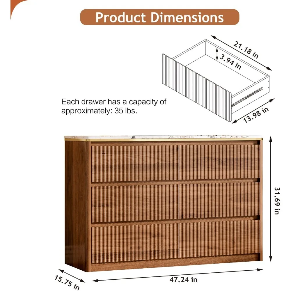 خزانة ملابس مخدد لغرفة النوم مع 6 أدراج، خزانة ذات أدراج حديثة 47.2 مع سطح من الرخام الصناعي، تصميم منحني، خزانة تلفزيون S