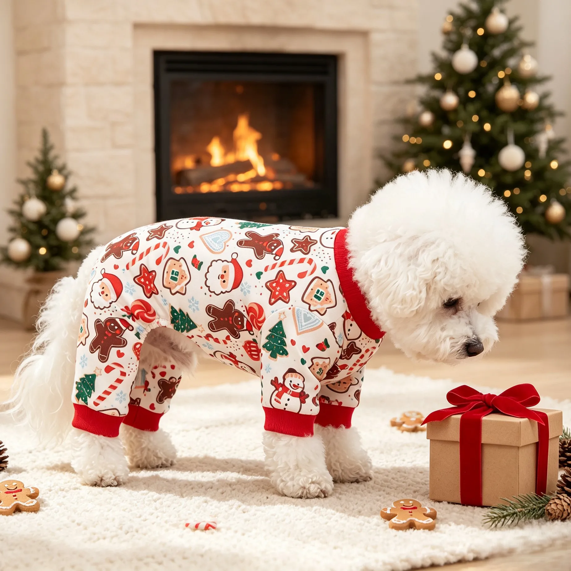 Vierbeinige Haustierkleidung, Lebkuchenmann, Schneemann, Weihnachtsmann, Weihnachtsbaum, Zuckerstange, Weihnachtsbonbon, vollflächig bedruckter Vierbeiniger Haustier-Pyjama – Detail 1