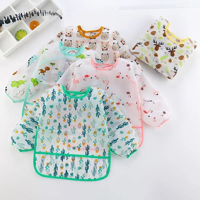 1pcs New Children Feeding Aprons Long Sleeve Baby Bib with Pocket Full Cover Baby Bibs with Pocket Waterproof Long Sleeve Bibs